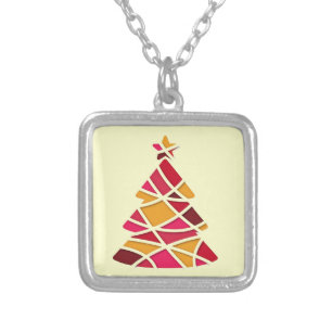Stylish modern art Christmas tree Silver Plated Necklace