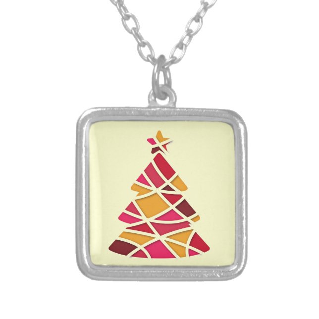 Stylish modern art Christmas tree Silver Plated Necklace (Front)
