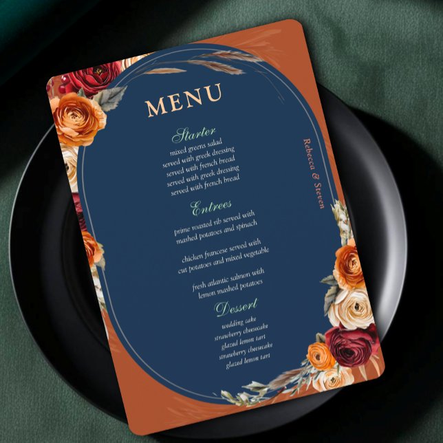 Stylish modern autumn orange navy floral wedding  menu (Creator Uploaded)