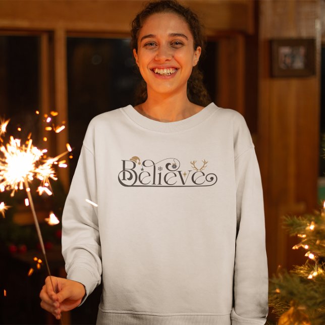 Stylish Modern Believe Calligraphy Christmas Sweatshirt (Creator Uploaded)