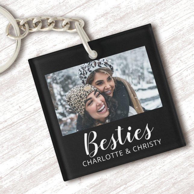 Stylish Modern Best Friends Script Photo Keychain (A black and white minimalist Best Friend "Besties" Keychain. Personalize it with your photo and name)