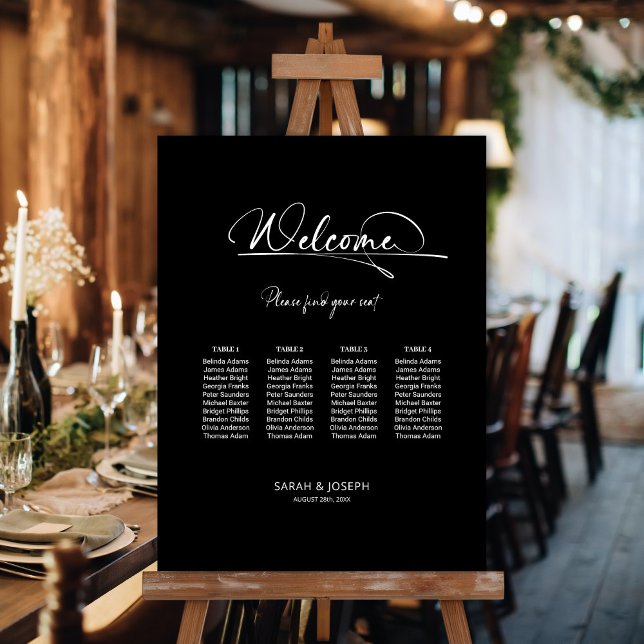 Stylish Modern Black 4 Table Wedding Seating Chart Foam Board (Creator Uploaded)