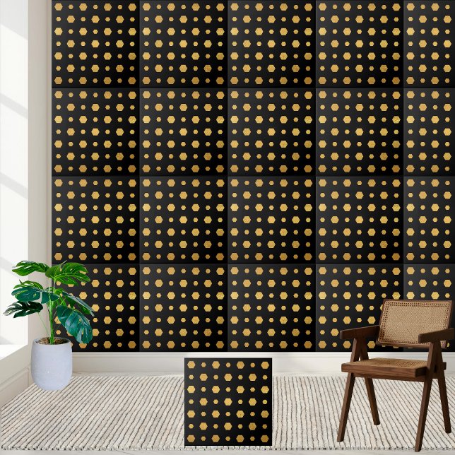 Stylish Modern Black and Gold Geometric Hexagon  Ceramic Tile (Stylish Modern Black and Gold Geometric Hexagon Ceramic Tile)