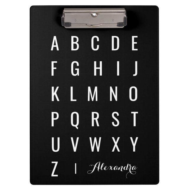 Stylish Modern Black and White Alphabet Clipboard (Front)