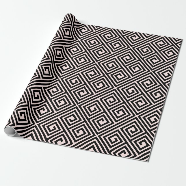 Stylish Modern Black Blush Greek Key Chic Wedding Wrapping Paper (Unrolled)