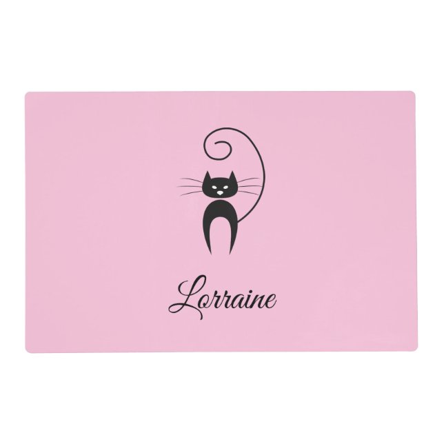 Stylish Modern Black Curly Tail Cat Placemat (Front)
