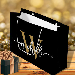 Stylish Modern Black Gold Monogram Initial Script Large Gift Bag