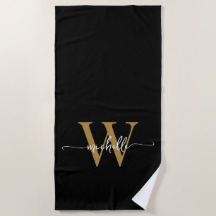 Stylish Modern Black Gold Monogram Name Script Beach Towel