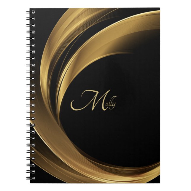 Stylish Modern Black & Gold Monogram Script Name  Notebook (Front)