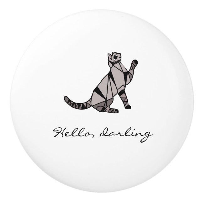 Stylish Modern Black Graphic Cat and Script Ceramic Knob (Front)