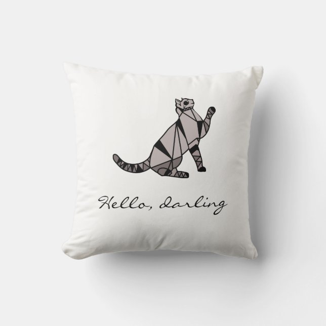 Stylish Modern Black Graphic Cat and Script Throw Pillow (Front)