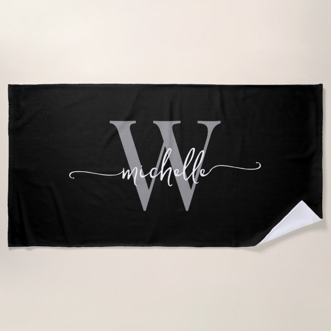 Stylish Modern Black Gray Monogram Name Script Beach Towel (Front)