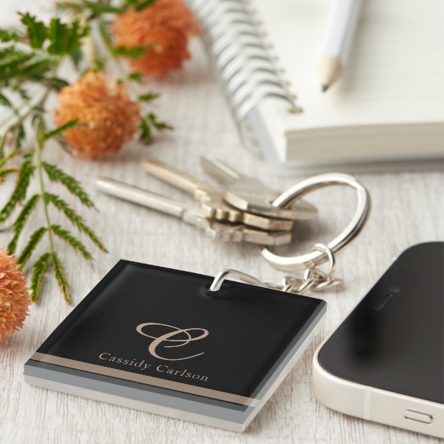 Stylish Modern Black & Rose Gold Initial Monogram Keychain (Front Right)