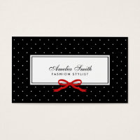 Stylish Modern Black & White Polka Dot Red Ribbon Business Card