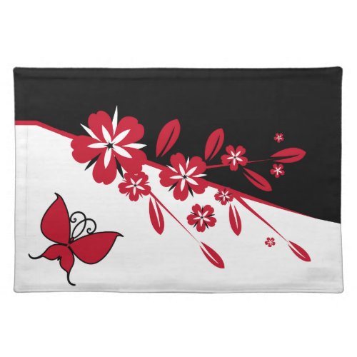 Stylish Modern Black White Red Butterfly Floral Cloth Placemat