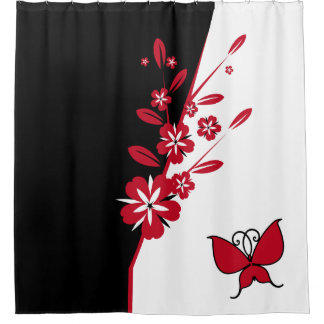 Stylish Modern Black White Red Butterfly Floral Shower Curtain