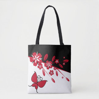 Stylish Modern Black White Red Butterfly Floral Tote Bag