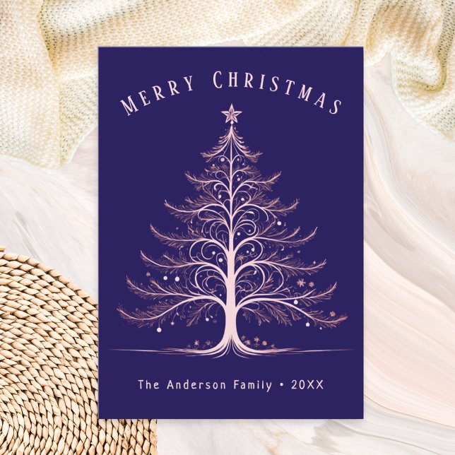 Stylish Modern Blue Christmas Tree Custom Name Holiday Card (A Christmas card in navy blue with elegant line-art Christmas tree and personalized name and year)