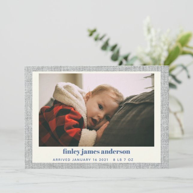 Stylish Modern Blue Gray Linen Baby Photo Birth  Announcement (Standing Front)