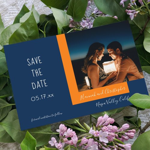 Stylish Modern Blue Orange Photo Simple Wedding Save The Date