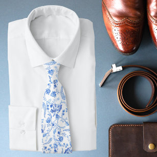 Stylish Modern Blue White Floral Paisley  Neck Tie