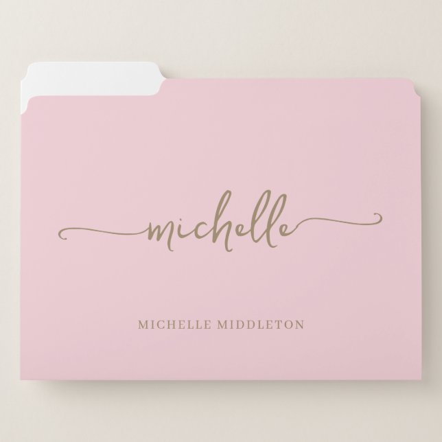 Stylish Modern Blush Pink Gold Custom Name Script File Folder (Front Left)