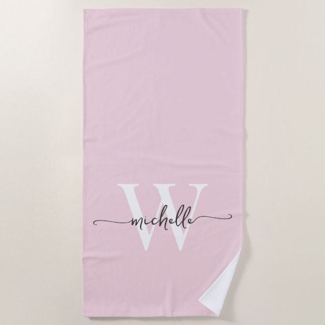 Stylish Modern Blush Pink Monogram Name Script Beach Towel (Front)