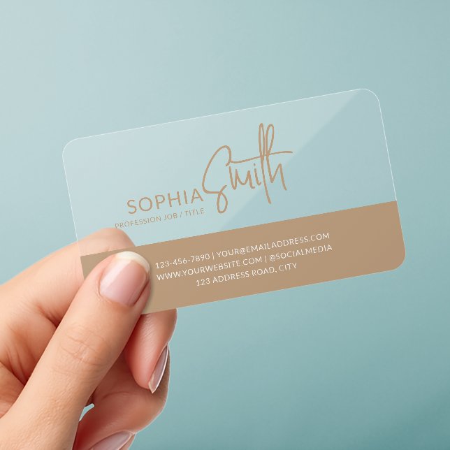 Stylish Modern Boho Cream Beige Handwritten Script Clear Business Cards (Handheld)