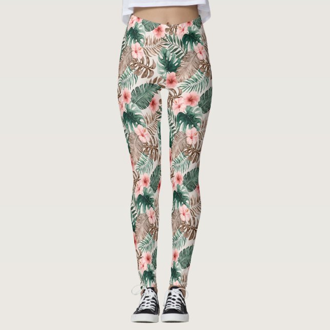 Stylish Modern Boho Watercolor Tropical Floral Leggings (Front)