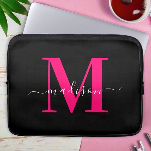 Stylish Modern Bold Pink Script  Black Monogram Laptop Sleeve