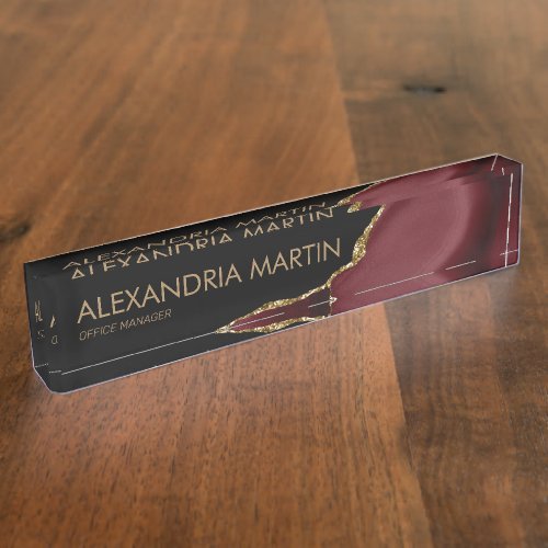 Stylish Modern Burgundy Black Gold Glitter Office Desk Name Plate