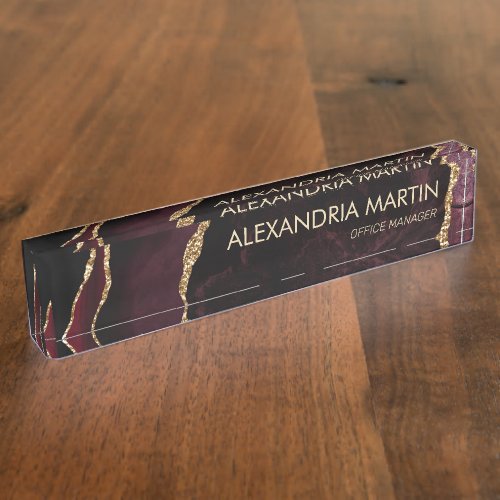 Stylish Modern Burgundy Gold Glitter Marble Black  Desk Name Plate