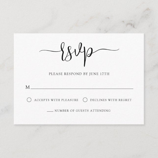 Stylish Modern Calligraphy Black White Wedding RSVP Card (Front)