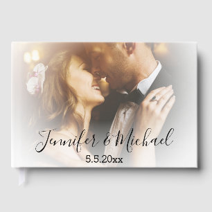 stylish modern calligraphy wedding faded photo guest book