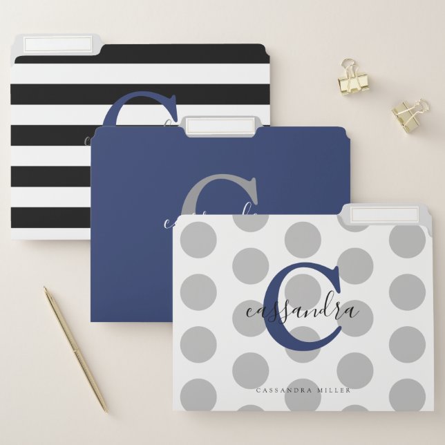 Stylish Modern Chic Navy Blue Monogrammed File Folder (Set)