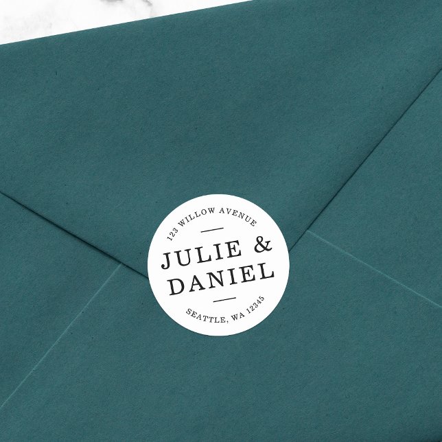 Stylish Modern Couple Return Address Classic Round Sticker (Creator Uploaded)