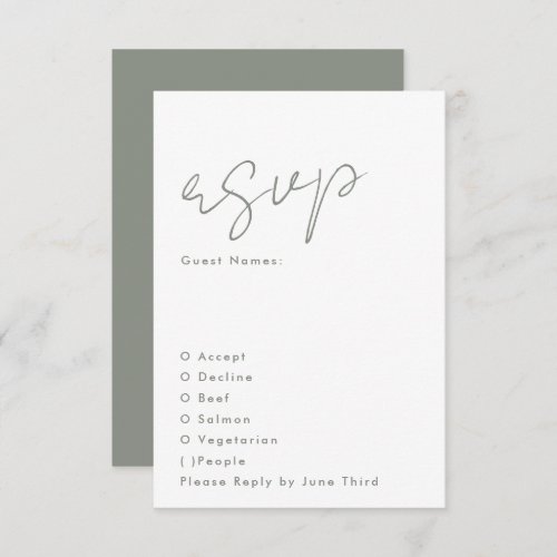 Stylish Modern Custom Names Sage Green Wedding RSVP Card