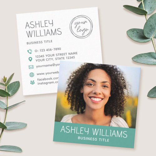 Stylish Modern Custom Photo Color Logo Green Square Business Card
