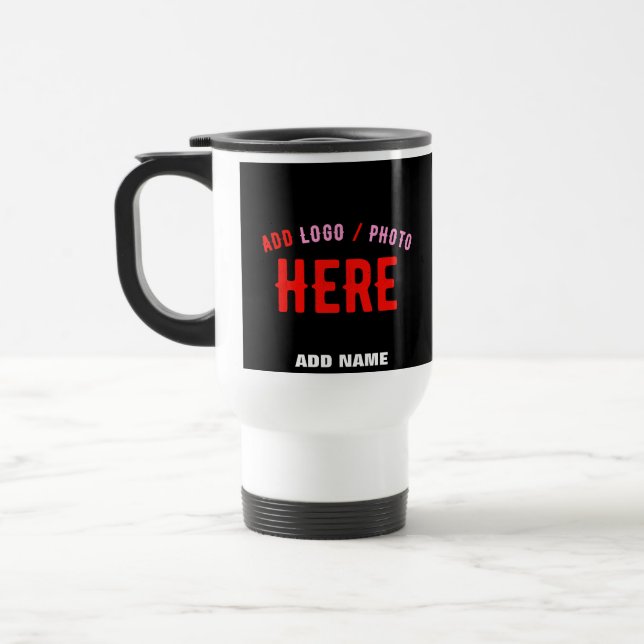STYLISH MODERN CUSTOMIZABLE BLACK VERIFIED BRANDED TRAVEL MUG (Left)