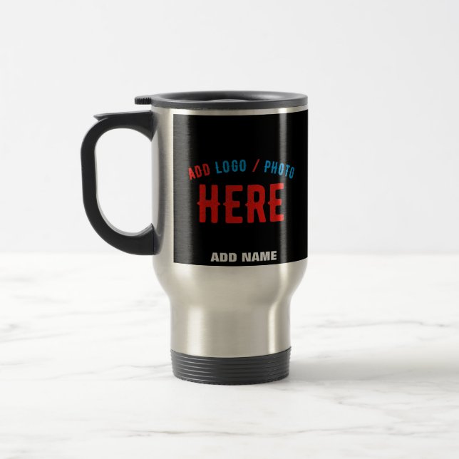 STYLISH MODERN CUSTOMIZABLE BLACK VERIFIED BRANDED TRAVEL MUG (Left)
