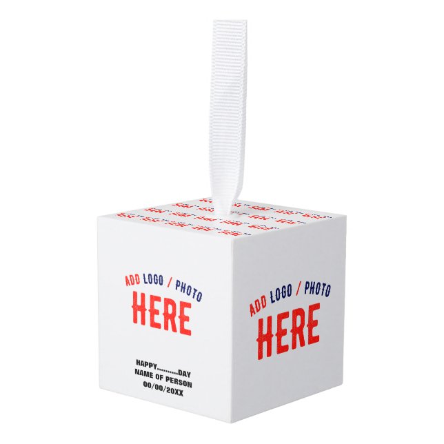 STYLISH MODERN CUSTOMIZABLE WHITE VERIFIED BRANDED CUBE ORNAMENT (Front Angled)