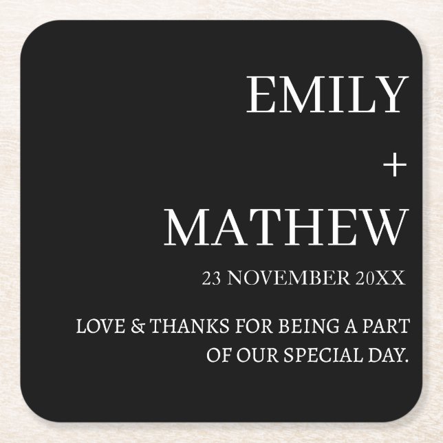 STYLISH MODERN CUSTOMIZED ELEGANT CLASSIC WEDDING  SQUARE PAPER COASTER (Front)