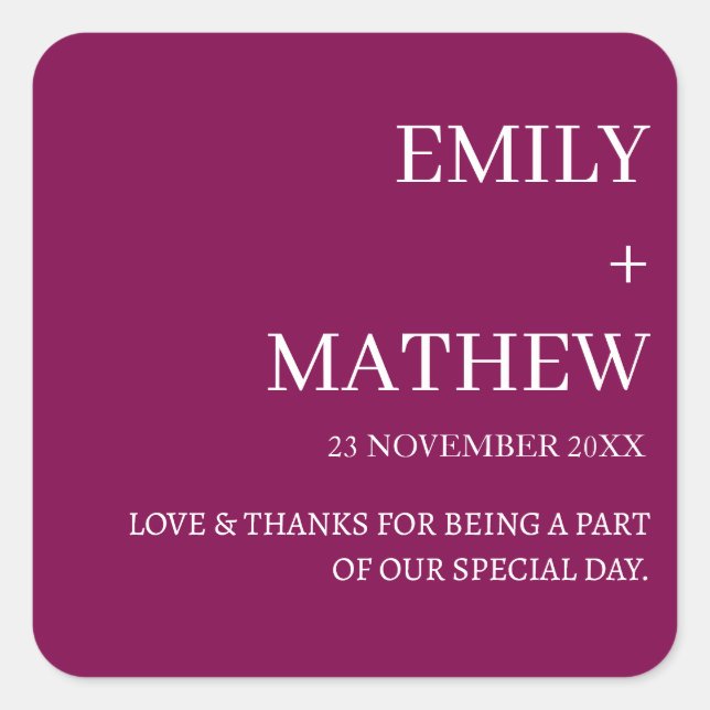 STYLISH MODERN CUSTOMIZED ELEGANT CLASSIC WEDDING  SQUARE STICKER (Front)