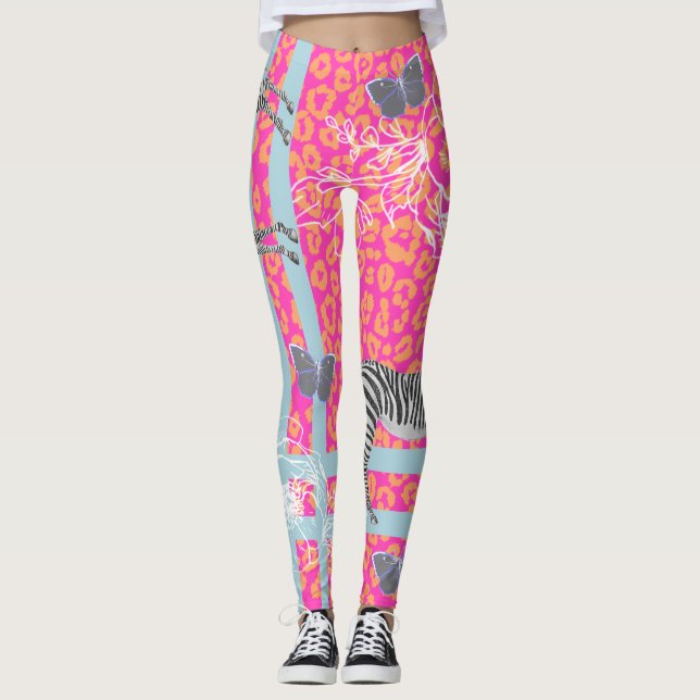 Stylish Modern Eclectic Fluo Pink Orange Blue Leggings (Front)