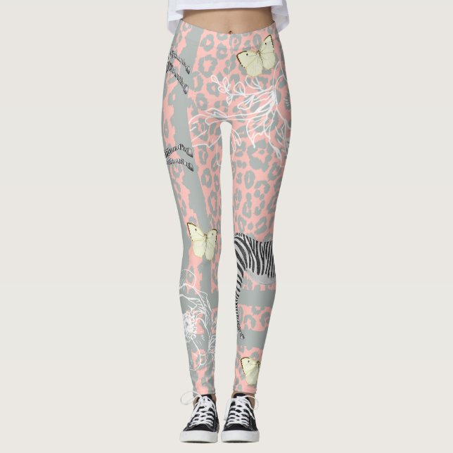 Stylish Modern Eclectic Pastel Pink Gray Leggings (Front)