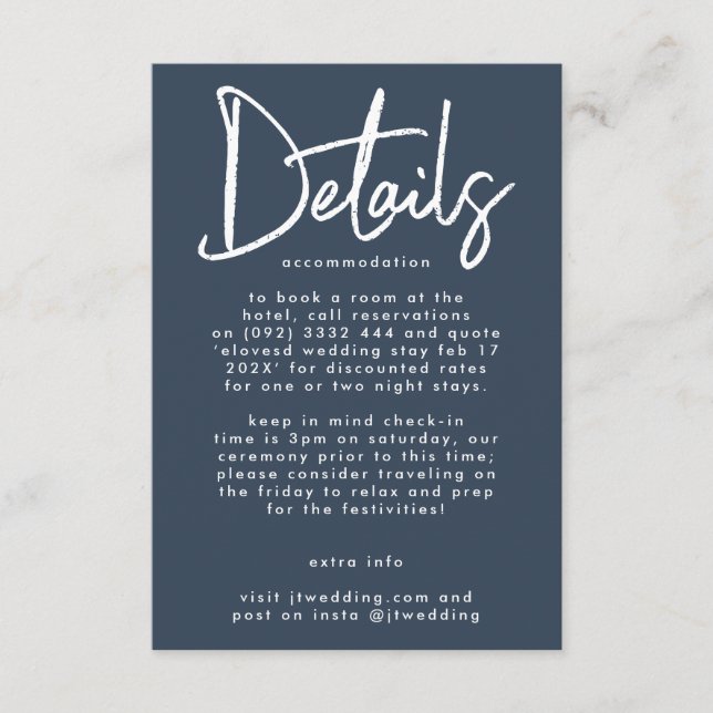 Stylish Modern Editable Premium Navy Blue Wedding Enclosure Card (Front)