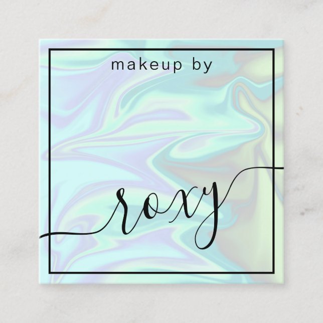 Stylish modern elegant chick holographic makeup square business card (Front)