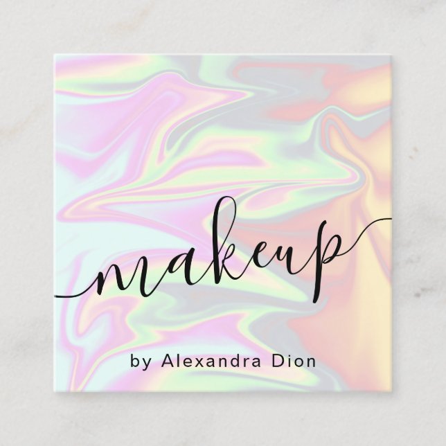 Stylish modern elegant chick holographic makeup square business card (Front)