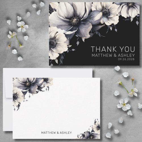 Stylish Modern Elegant Floral Black Wedding Thank You Card