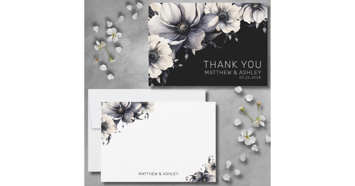 Stylish Modern Elegant Floral Black Wedding Thank You Card | Zazzle